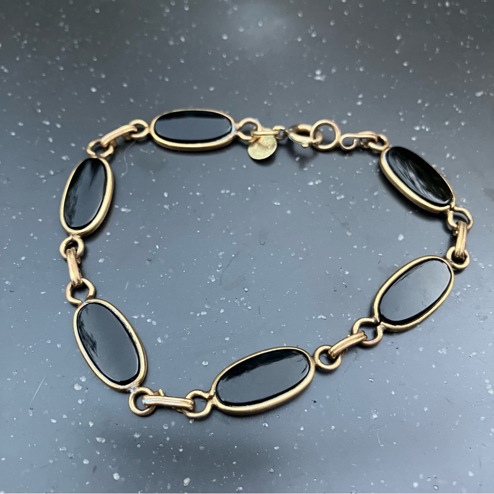 14K Gold Filled Link Black Onyx Bracelet. EUC. - Picture 1 of 6